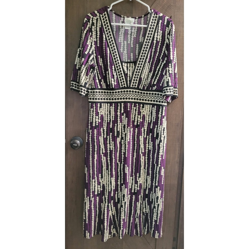 Donna Morgan Midi Dress SIze 16 Short Sleeve Purple Black White Geometric Design - Picture 1 of 10